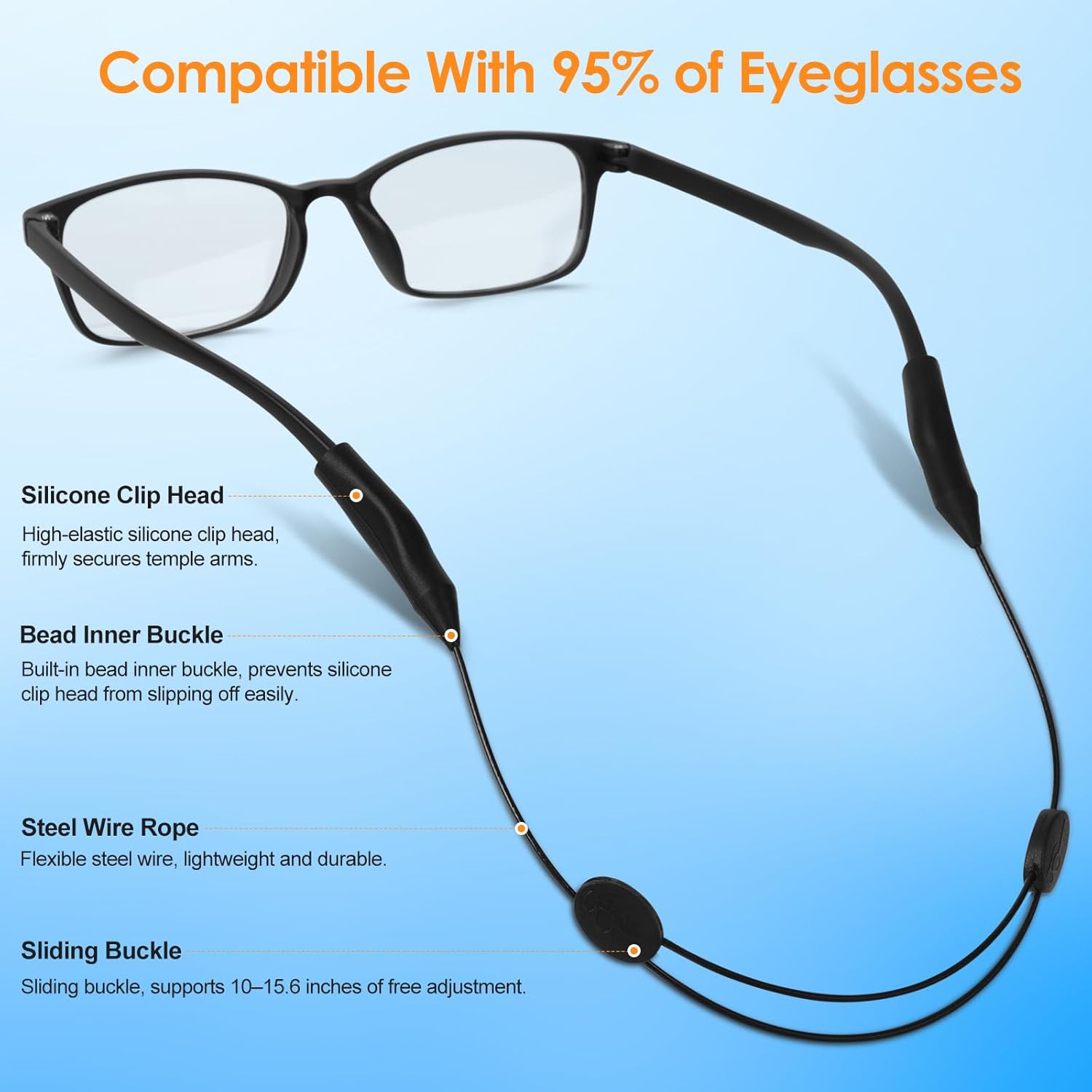 4 Pack Adjustable Anti-Slip No-Tail Glasses Strap, Sports Sunglasses Retainer for Running Fitness, Black