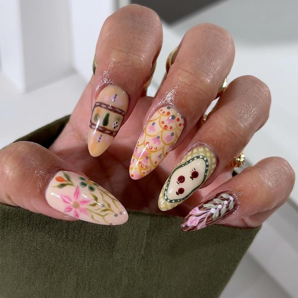 Handmade Yellow & Cream Gel Press On Nails, Hand-Painted Folk Art, Sun & Vintage Floral Patterns, Reusable Medium Almond Fake Nails with Prep Kit, Spring Cottagecore Festival for Women, 10 Pcs
