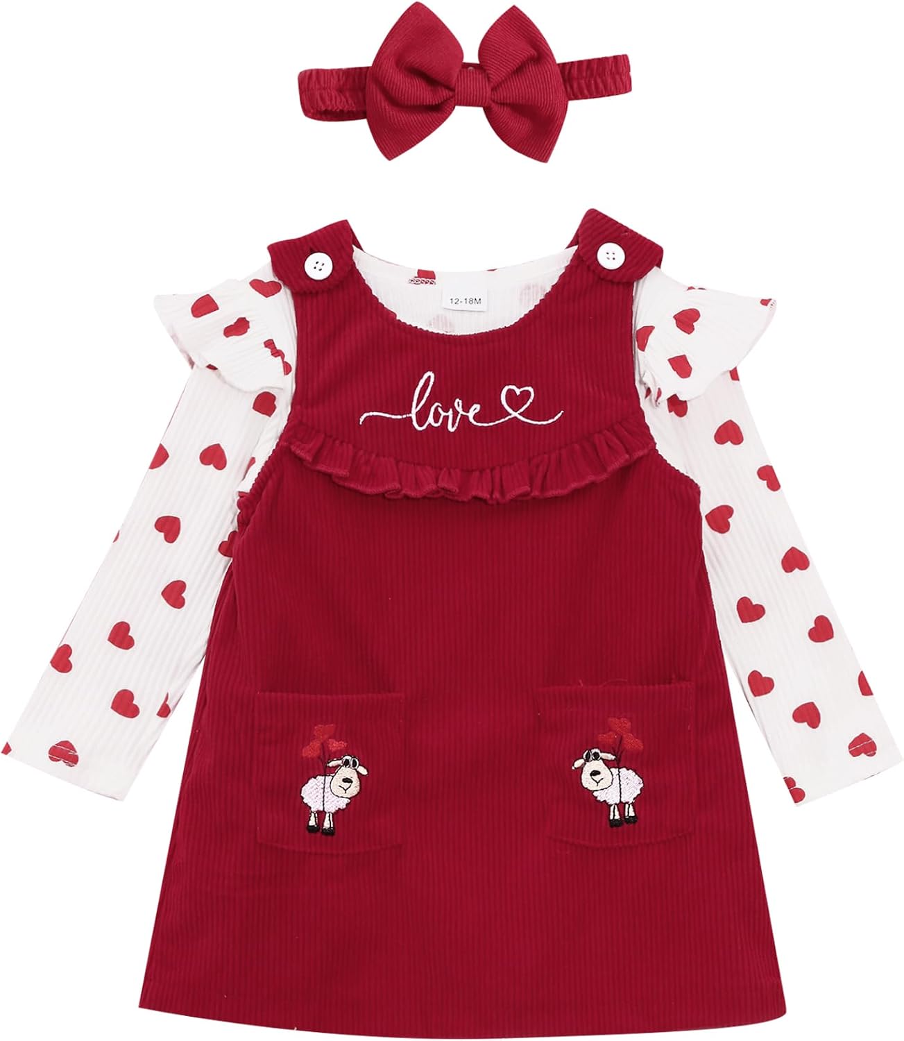 Baby Girl 3 Piece Outfits Corduroy Pinafore Overall + Heart Long Sleeves Romper Top Headband Party Clothes Type B 6-12 Months