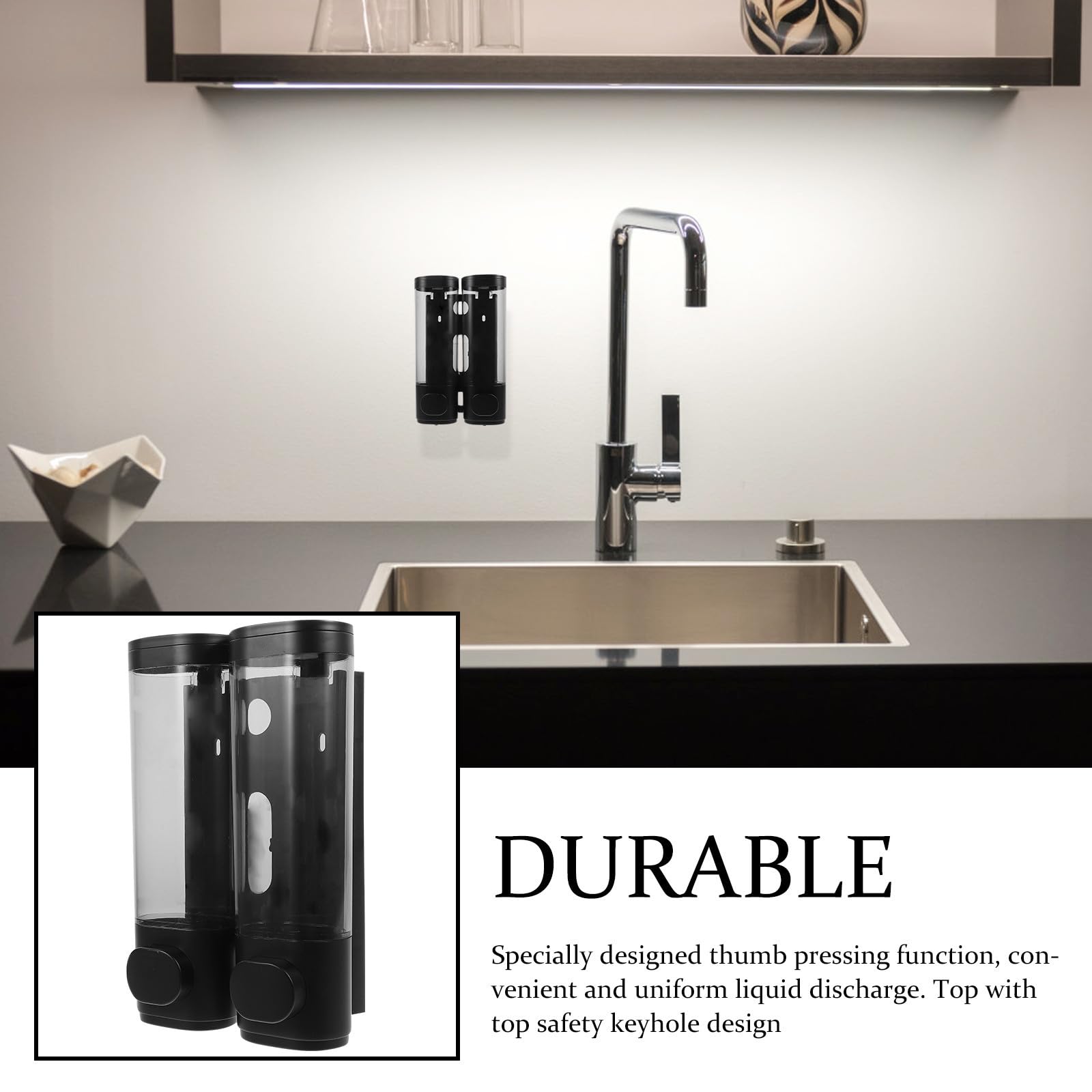 BESTOYARD Dispensador de Jabón Colgante, Dosificador de Loción de Pared, 300ml, Plástico, Negro, sin Perforaciones, Bomba Suave para Champú y Lociones, Restaurantes y Hospitales