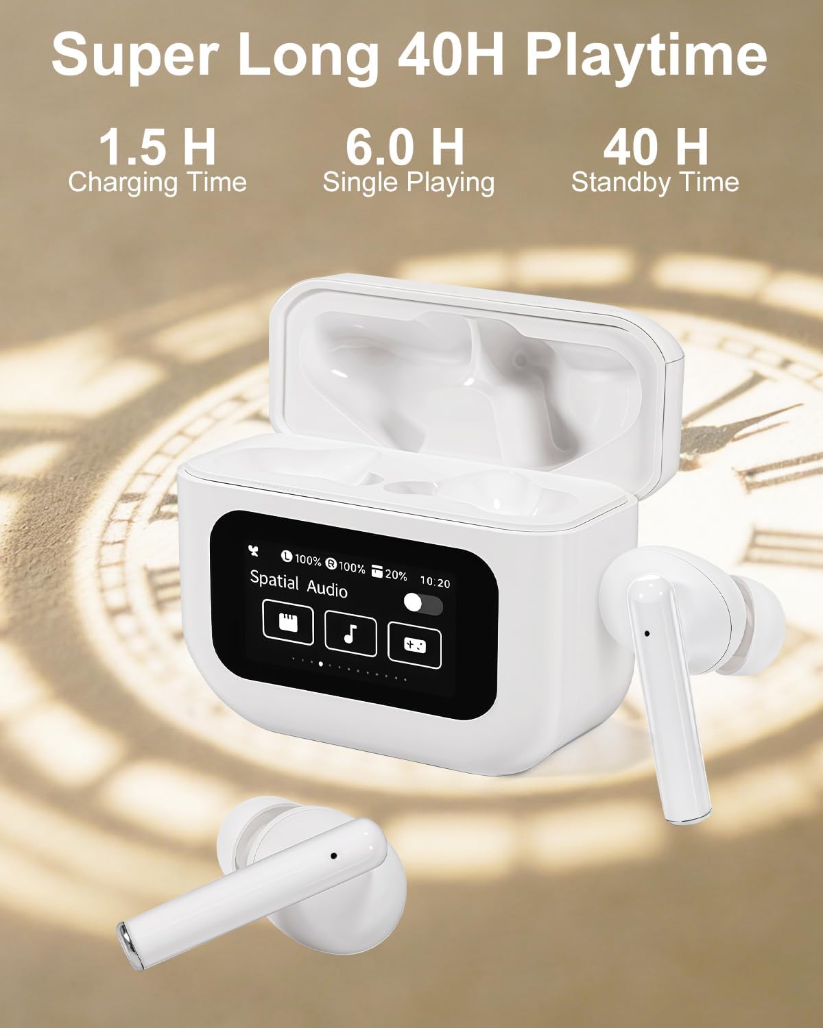 Bluetooth Earbuds with LED Touchsceen, IPX7 Waterproof Wireless Earphones, Hi-Fi Stereo & 68H Playtime, ANC ENC Noise Cancelling, for Work/Running/Trave (White)