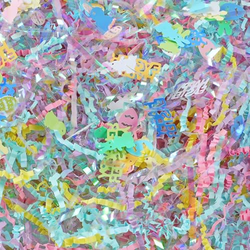 CIPOWM Straccio di carta increspata con erba pasquale, iridescente multicolore rafia, riempitivo con coriandoli pasquali erba di carta triturata per confezioni regalo, fai da te, sacchetti regalo fai