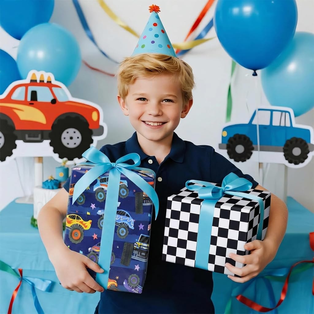 ZDSPIDE Monster Truck Wrapping Paper Roll – Reversible Truck & Black White Plaid Gift Wrap for Boys Birthday Party, 17 Inch x 16.4 Feet