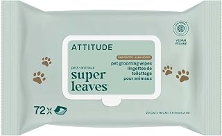 ATTITUDE Pet Wipes for Dogs & Cats, 99% Water, EWG Verified, Gentle & Unscented Cleaning Wipes for Paws, Ears, Face & Body, Deodorizing, Safe for Puppies & Kittens, 72 count