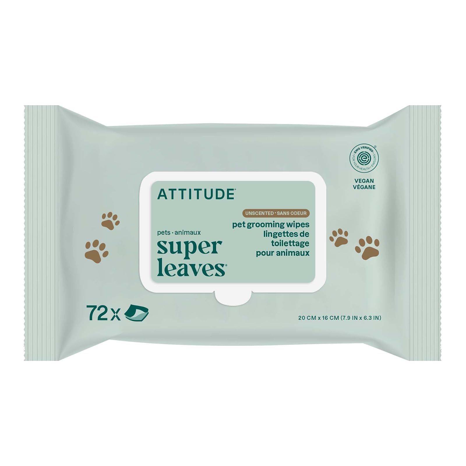 ATTITUDE lingettes de toilettage pour chien et chat, 99 % eau, certifiées EWG, sans parfum, 72 lingettes