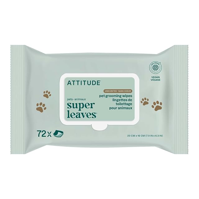 ATTITUDE lingettes de toilettage pour chien et chat, 99 % eau, certifiées EWG, sans parfum, 72 lingettes