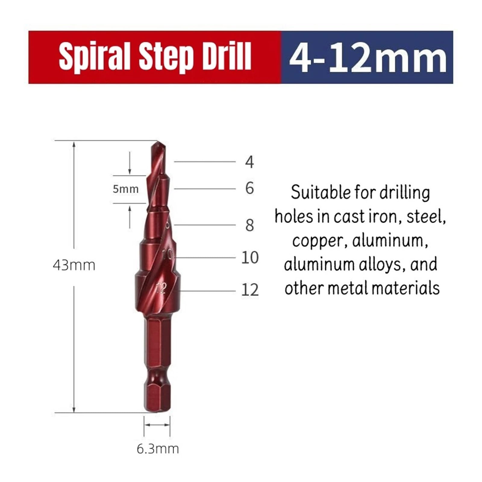 Juego de brocas escalonadas con flauta espiral titanio cobalto M35 | Herramienta de perforación de metal multiusos con vástago hexagonal de 4-32 mm