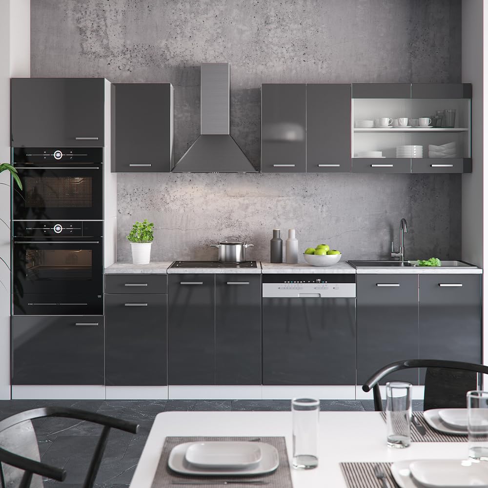 Vicco Küchenzeile R-Line, Anthrazit Hochglanz, 300 cm mit Hochschrank, ohne Arbeitsplatte, mit variabel anordenbaren Modulen und höhenverstellbaren Füßen