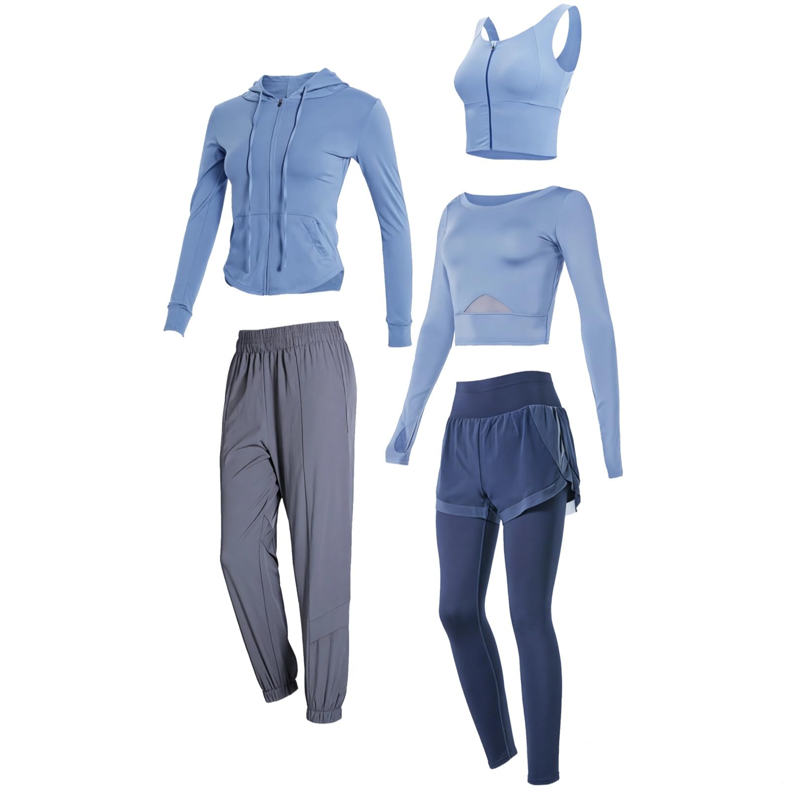 Yoga- & Fitness-Outfit-Set für Damen, atmungsaktiv, 5-teiliges Fitnessstudio-Set mit Jacke, langen Ärmeln und Shorts, dehnbares Nylon-Spandex, verschiedene Größen, Grau und Blau, Einheitsgröße
