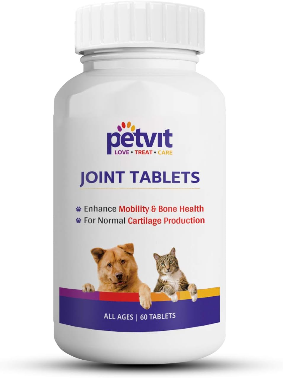 Petvit Joint-Cartilage Supplement for Dogs & Cats | Glucosamine, Chondroitin, MSM, Collagen & Hyaluronic Acid | Calcium Tablet | 60 Chewable Tablets
