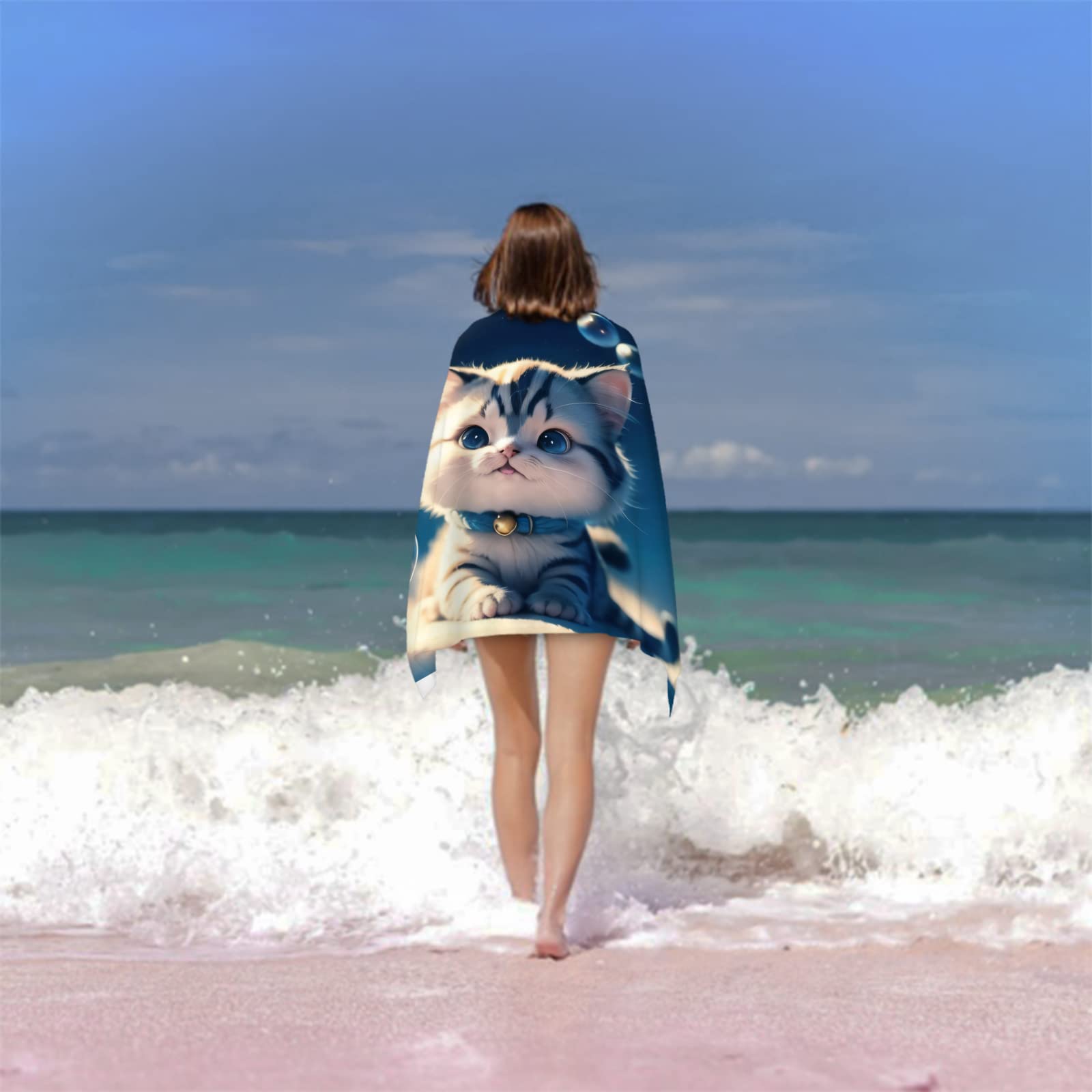 Serviette de Plage 100x200 Chat 3D, Femme Homme, 3D Mignonne Serviette de Bain Grande Microfibre Séchage Rapide Absorbant Drap de Plage pour Bain Voyage Camping