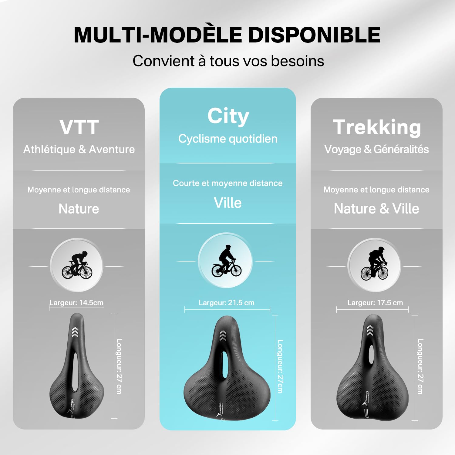 YOUNGDO Selle de Velo Ultra Confortable, Selle Vélo Étanche Améliorée, Selle Velo Confortable, avec Design Ergonomique, Doux, Respirant, pour Hommes et Femmes
