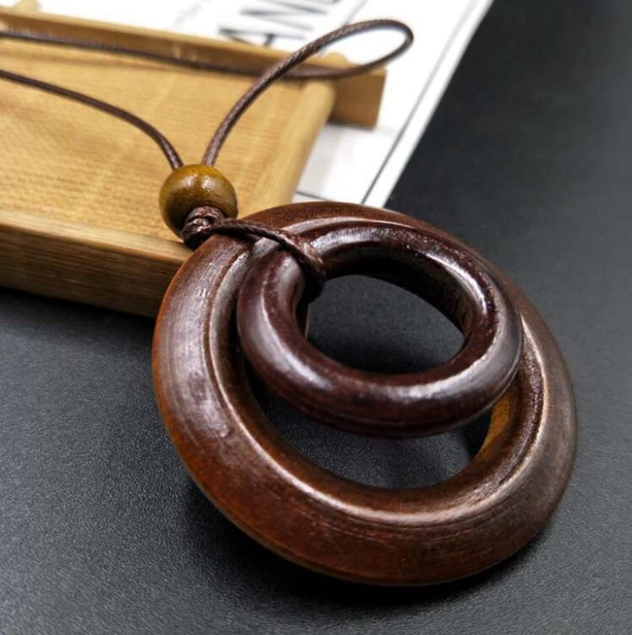 Long Wooden Pendant Necklaces for Women Black Brown Boho Handmade Necklace for Sweater (Brown) - Image 3