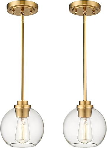 Miniatura 1 de AD-22280-1P2-GD-C - Luces colgantes de latón para isla de cocina, paquete de 2 unidades, lámpara colgante dorada de granja con pantalla de globo de