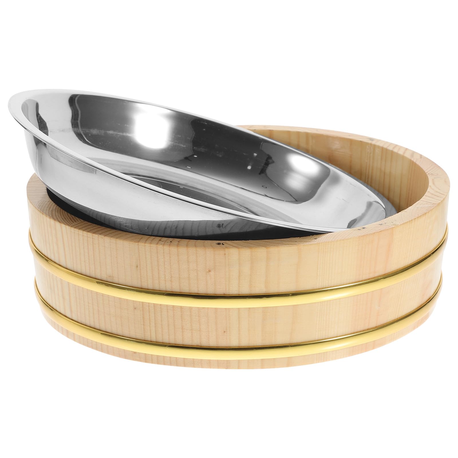 IMIKEYA Cubo de Arroz para Sushi Japonés de 25 Cm Base de Madera Natural y Recipiente Interior de Acero Inoxidable, Plato para Bibimbap, Mariscos y Uso en Restaurante o Cocina Casera