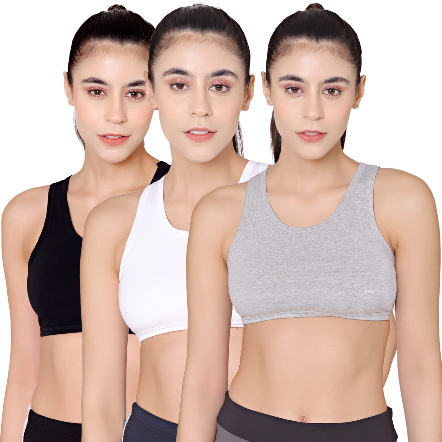 bodycare Women's Cotton Spandex Non-Padded Non-Wired Sports Bra (E1610GRYBW-34B_Grey Black & White_34)-picture-31