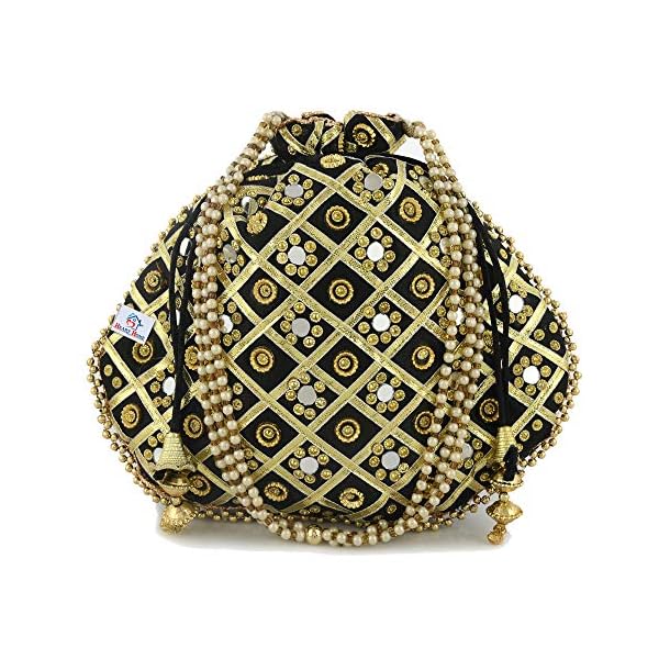 Heart Home Silk Traditional Mirror Work Clutch Potli Batwa Pouch Bag for Women/Girls (Black)-HEART11479