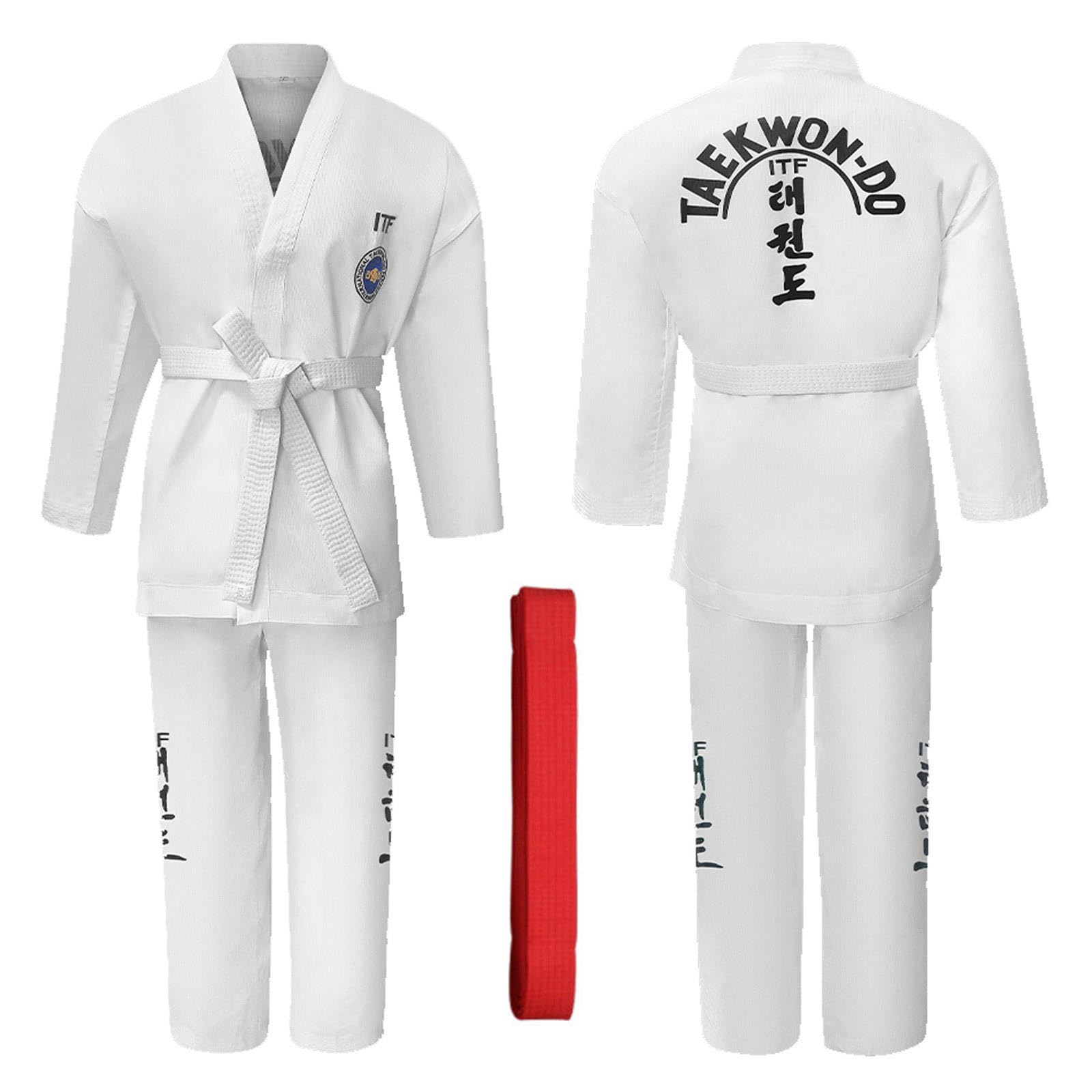 CHUIKUAJ Uniforme da Taekwondo ITF per Arti Marziali, Kimono da Karate con Cintura Gratuita, Uniforme da Combattimento per Studenti, Uomini, Donne e Bambini,White-170