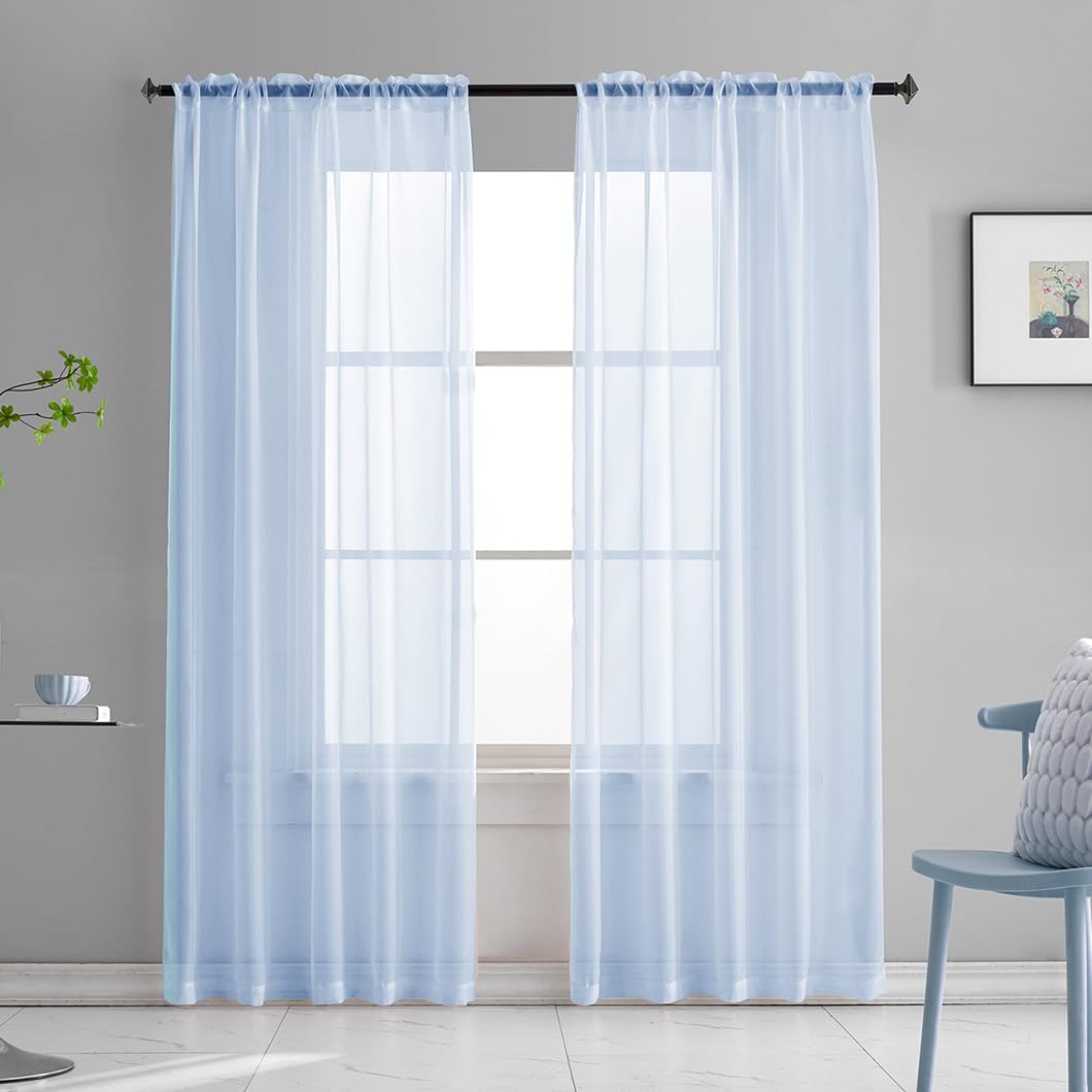 Sky Blue Sheer Curtains 72 Inches Long for Bedroom Rod Pocket Sheer Voile Curtains Panels Light Filtering Baby Blue Sheer Drapes for Windows/Living Room/Boys/Kids Room 52x72 2 Panels
