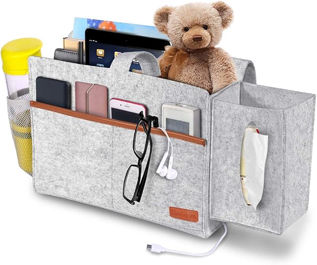 SIMBOOM Bedside Pocket Felt Hanging Storage Bag with Tissue Box and Water Bottle Holder, Dorm Bedroom Bed Sofa Organizer for Phone, Tablet, Remote, Magazines - Light Grey