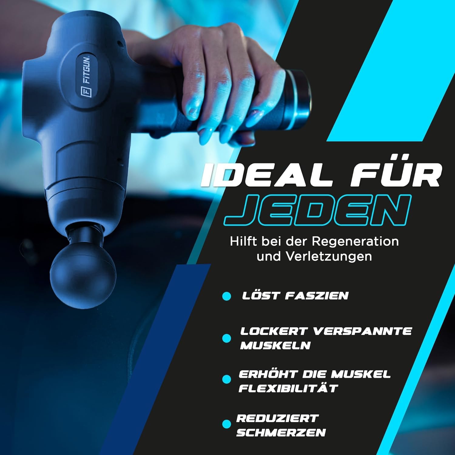 Fitgun Mini pistolet de massage, masseur musculaire, portable, avec 6 têtes de massage, pour la maison, la gym, le bureau, soulage la douleur après l'entraînement, noir