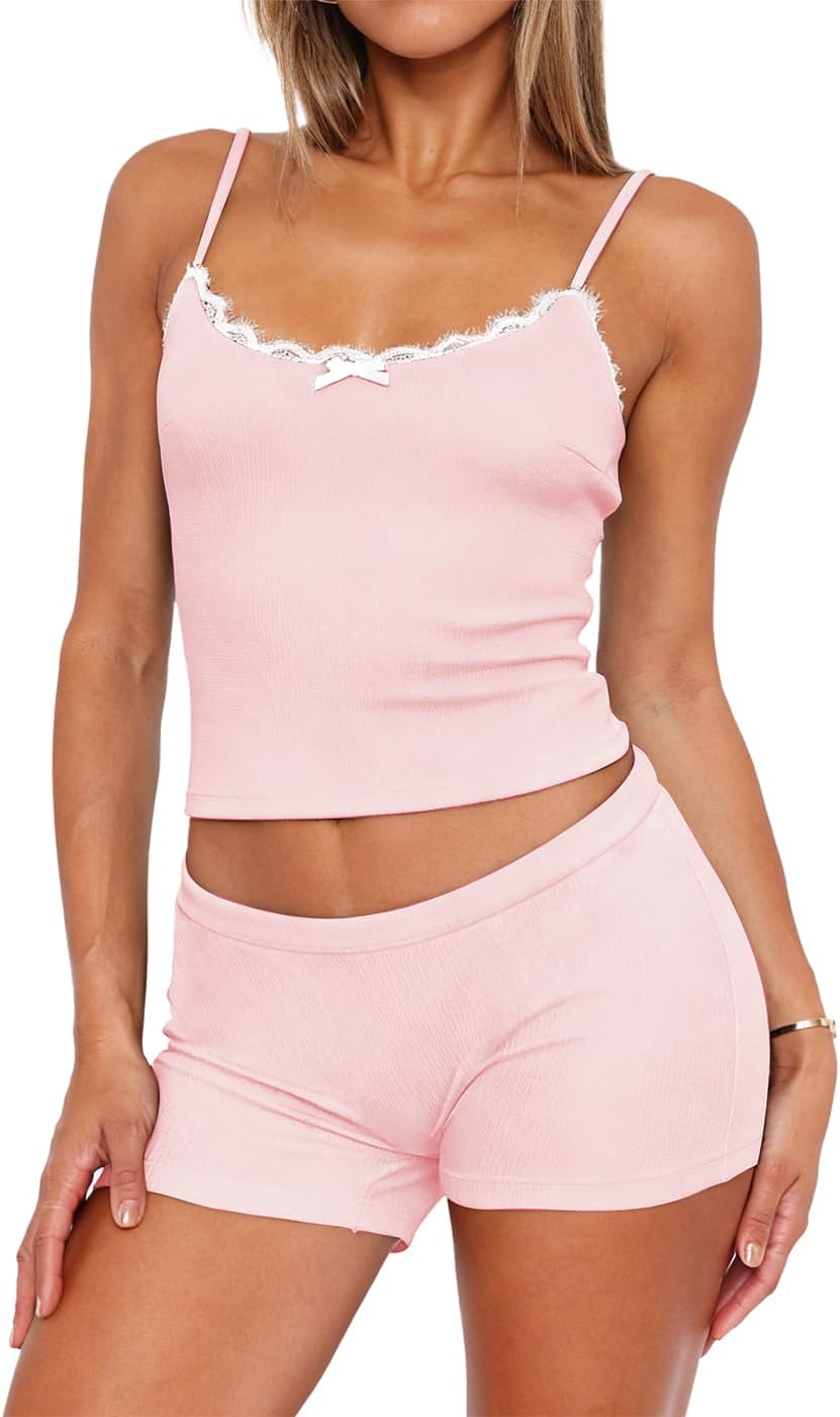 Lacozy Sexy Pajama Sets for Women 2 Piece Cute Pj Set Lightweight Lace Trim Cami Top and Shorts Sleepwear Summer