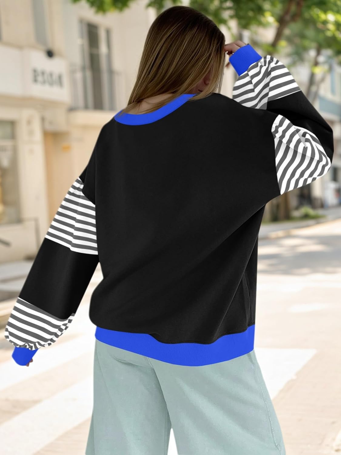 Fisoew Womens Color Block Oversized Sweatshirt Casual Lantern Long Sleeve Crewneck Striped Pullover Tops Fall Outfits Black - Image 5
