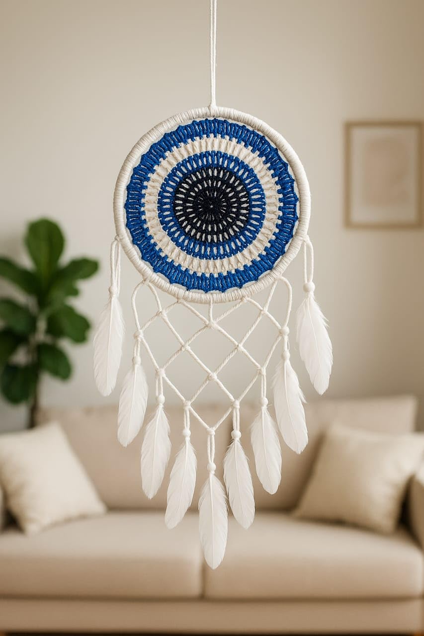 Handmade Blue & White Dream Catcher Wall Hanging – Boho Macrame Dreamcatcher with Feathers for Bedroom, Nursery, Living Room & Home Decor-image-14