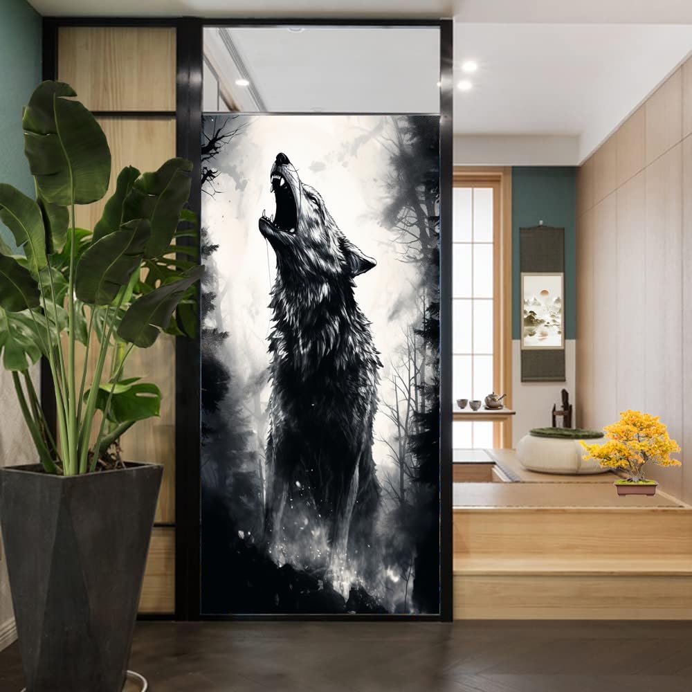 Midnight Wolf Howl Window Privacy Film American Style Abstract Cool Animals Stained Glass Window Film Decorative Window Cling for Home Window&Glass Door, Sun Blocking 23.6Wx35.4L