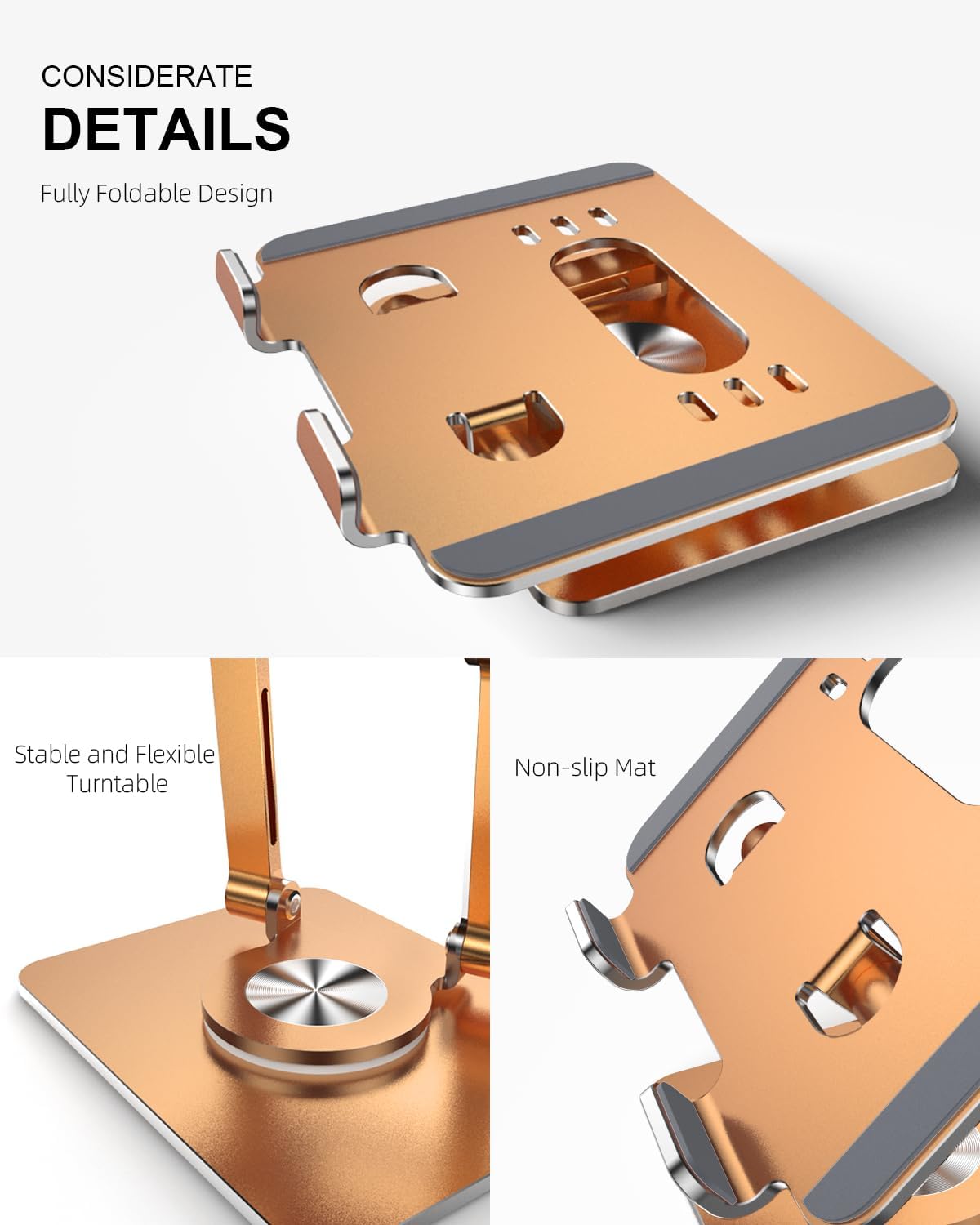 Orlian Tablet Stand Holder with Thickened 360°Rotating Base Dual Rod Adjustable Aluminum Stand for All 5.8-12.9” iPad Samsung Phone Tablet Kindle E-Reader and More, Rose