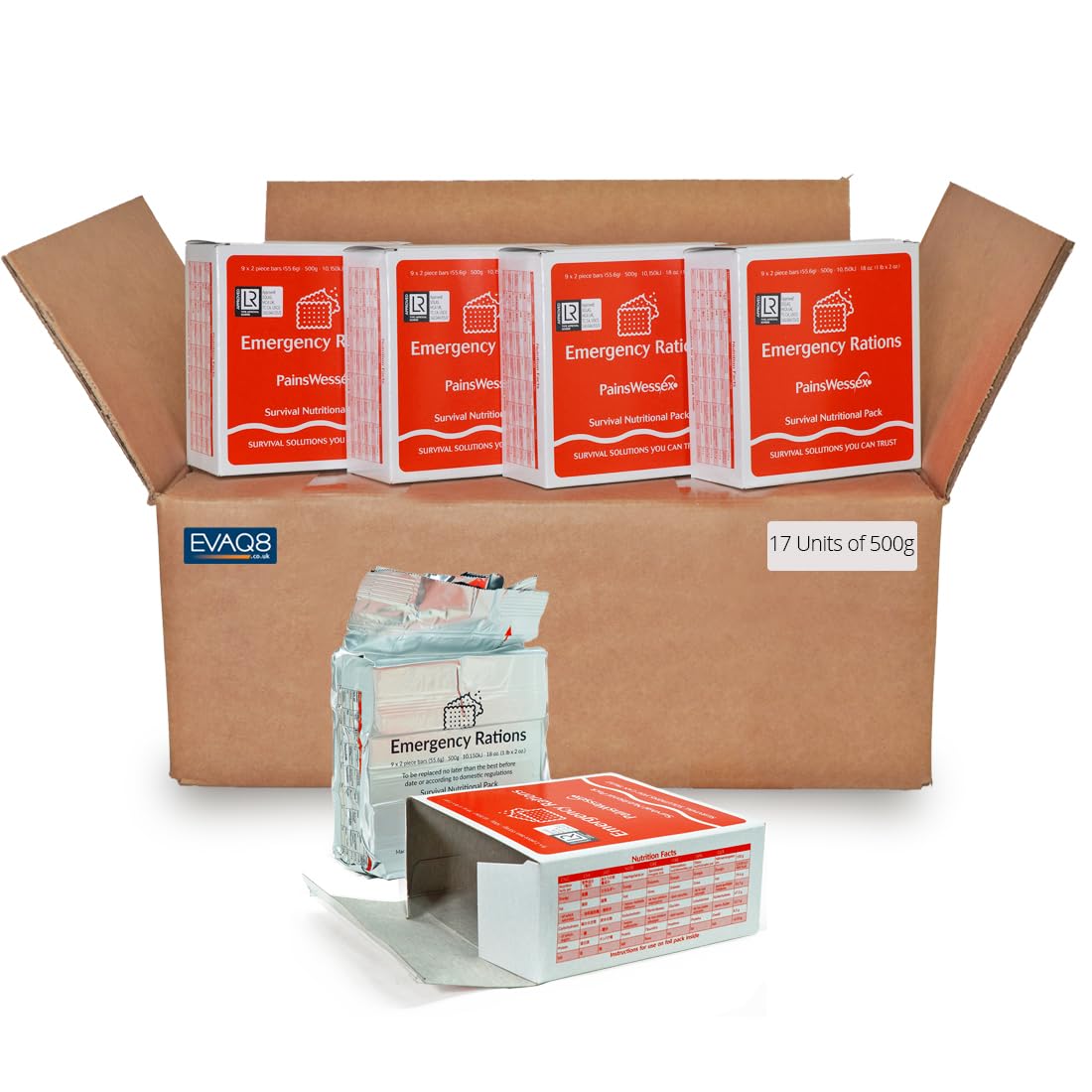 EVAQ8 Emergency Food Rations – Box of 17 High Energy Survival Packs (500g Each) – Long Shelf Life, Vegan, SOLAS & ISO 18813 Approved – Emergency & Marine Survival - Over 41,000 Calories per Box