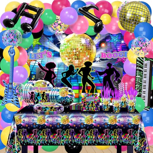 Lecheme 70s Party Decorations 280 PCS 1970s Disco Party Decorations Let's Boogie Backdrop Disco Balloons Plates Napkins Cups Tablecloth 70's Party Supplies