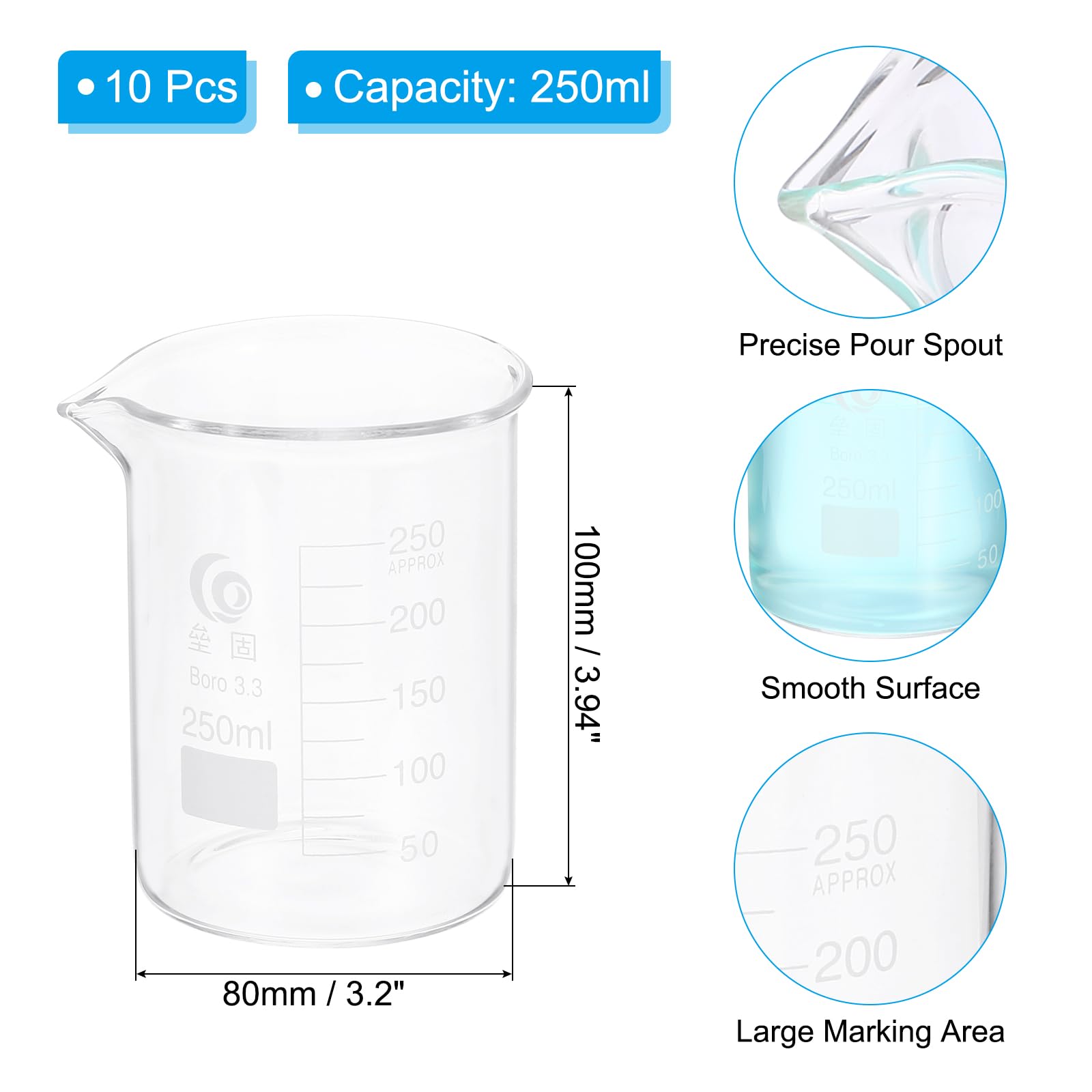 PATIKIL 250ml Vaso De Vidrio Bajo, 10Pcs 3.3 Vasos De Vidrio Borosilicato Taza De Medición Graduada Con Pico Para Experimento De Laboratorio, Cocina Y Repostería, Transparente