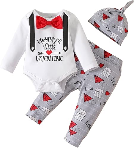 IBTOM CASTLE Conjunto de traje para el primer día de San Valentín para recién nacido niño y niña overol con volantes y sombrerodiadema
