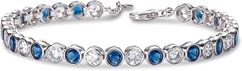Diamond Treats Tennis Bracelet for Women and Teenage Girls, Bezel Set 925 Sterling Silver Bracelet with 4mm Flawless Blue, Red, Green, or White Cubic Zirconia Stones, Silver Ladies Eternity Bracelet
