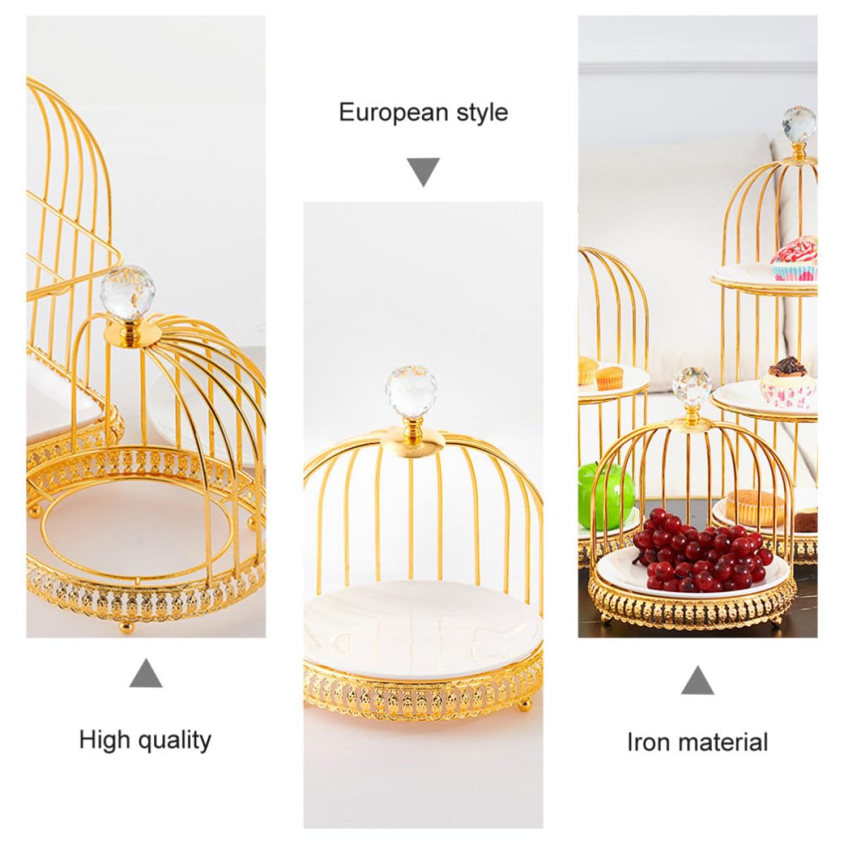 Scaffale per Dolci a Forma di Gabbia in Ferro e Ceramica Oro, Espositore per Dolci e Snack, Vassoio per Dessert per Feste di Compleanno e Party