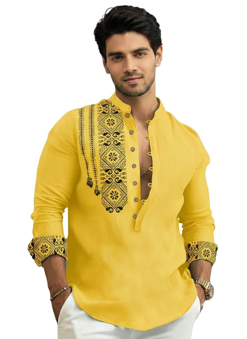 amazon brand - inkast Men's Cotton Blend Mandarin Collar Self One Design Full Sleeve Casual Short Kurta-picture-18