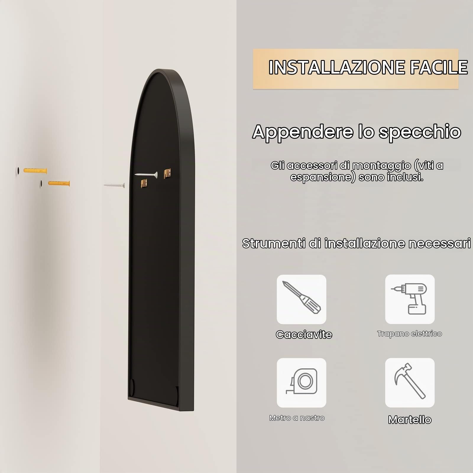 Dripex Specchio da parete Arco 60x90 cm con Metallo in alluminio, HD Bagno Specchi con Immagine Nitida per Trucco Decorativo Soggiorno - infrangibile (Nero)