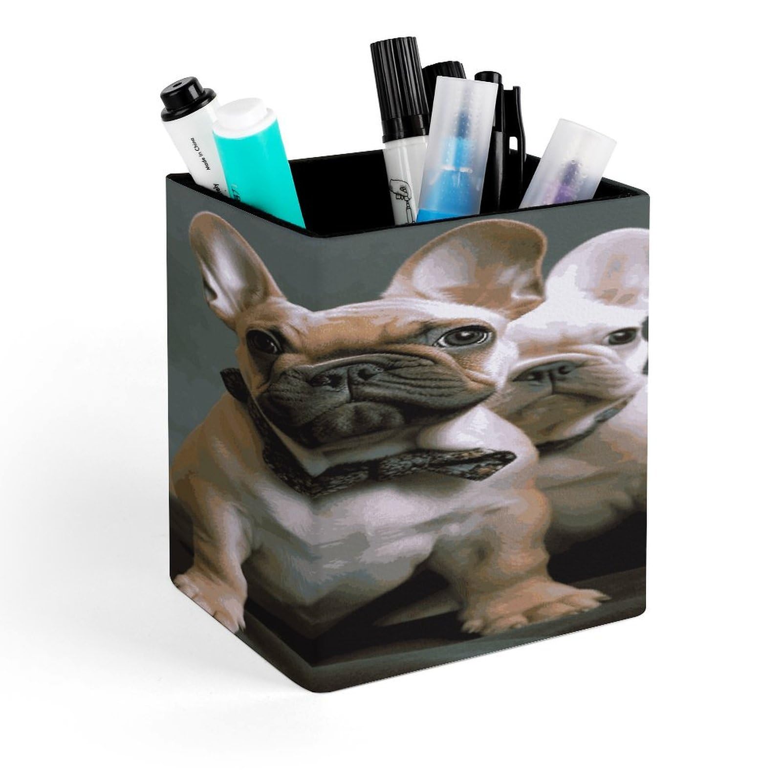 JTREHY - Square Puppy French Bulldog Pen Holder Makeup Brush Holder PU Leather Cups Stationery Organizer Office Accessories Box for