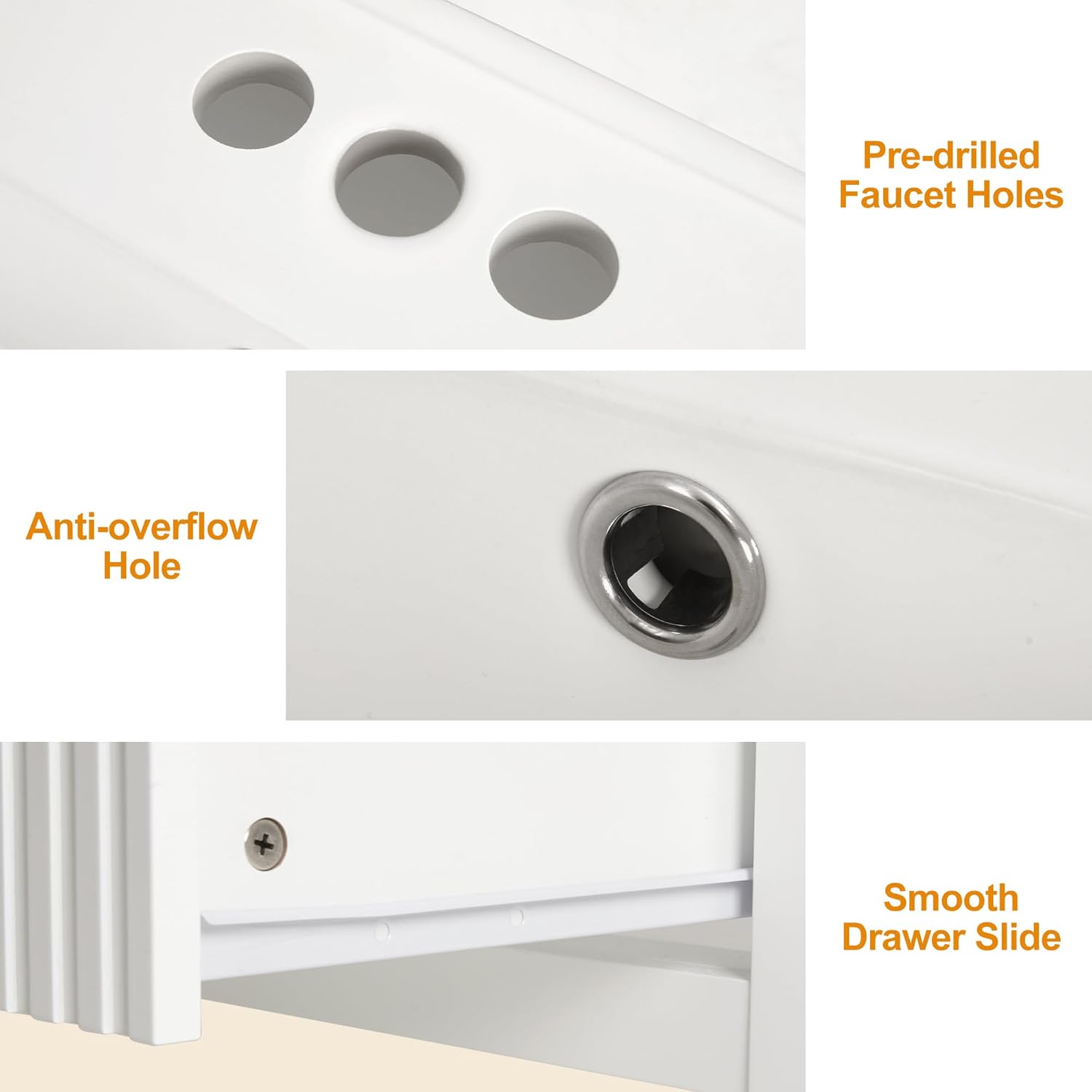 RoyalCraft 24'' Bathroom Vanity with Sink Combo, Wall Mounted Floating Sink Cabinet with 2 Hidden Damping Drawers, Grooved Stripe Design Bathroom Ceramic Sink Cabinet, White
