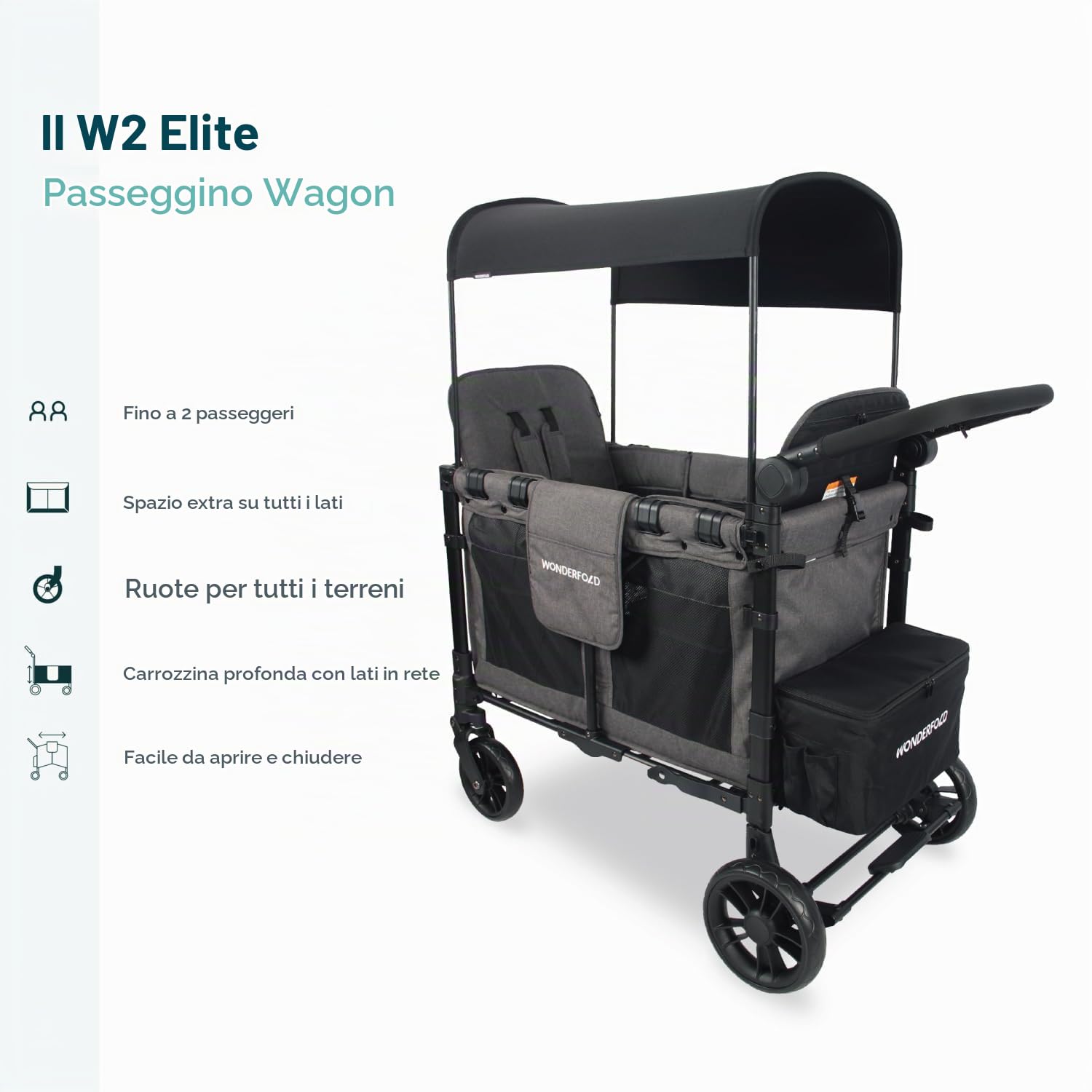 WonderFold W2 Elite KinderVan mit 2 Hochsitzen mit 5-Punkt-Sicherheitsgurten, verstellbarem Schiebegriff und höhenverstellbarem UV-Schutzverdeck, Charcoal Gray