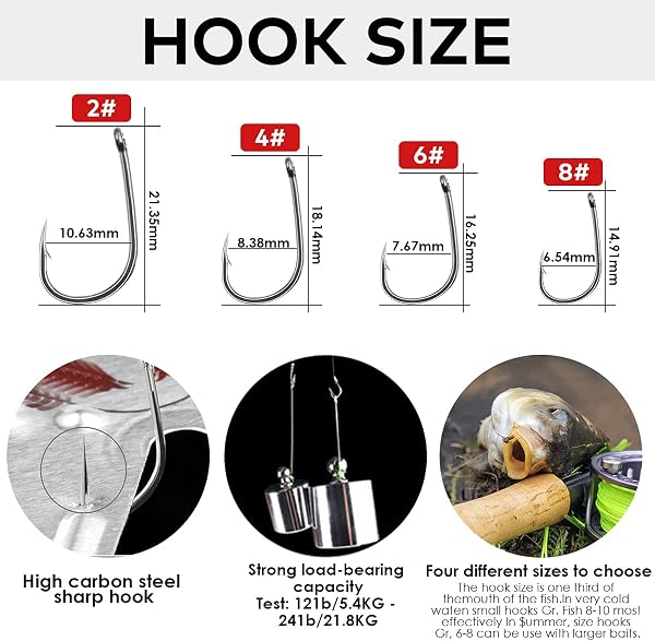 20 x Curved Barbed Carp Hooks for Carp Fishing, Braided Carp Hook Accessories with Boilie Rig Carp Leader, 3 Boilie Plugs - Size 2 4 6 8 - 2
