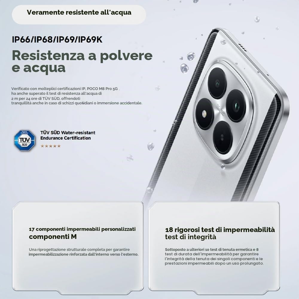 XIAOMI POCO M8 Pro 5G 12GB+512GB Smartphone – Snapdragon 7s Gen 4, display AMOLED 6,83" 120Hz, 6500mAh + Carica 100W, 50MP+32MP, argento (con caricatore incluso)