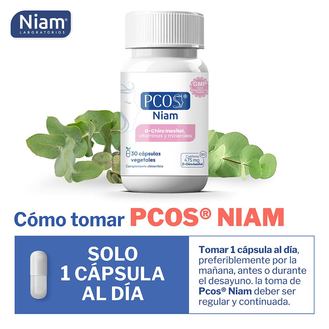 PCOS NIAM | D-Chiro Inositol para SOP | Con Ácido Fólico, Biotina, Vitamina B12, B6 y D3 | Suplemento Ovarios Poliquísticos | Regulación Hormonal | 30 Cápsulas | 1 Mes