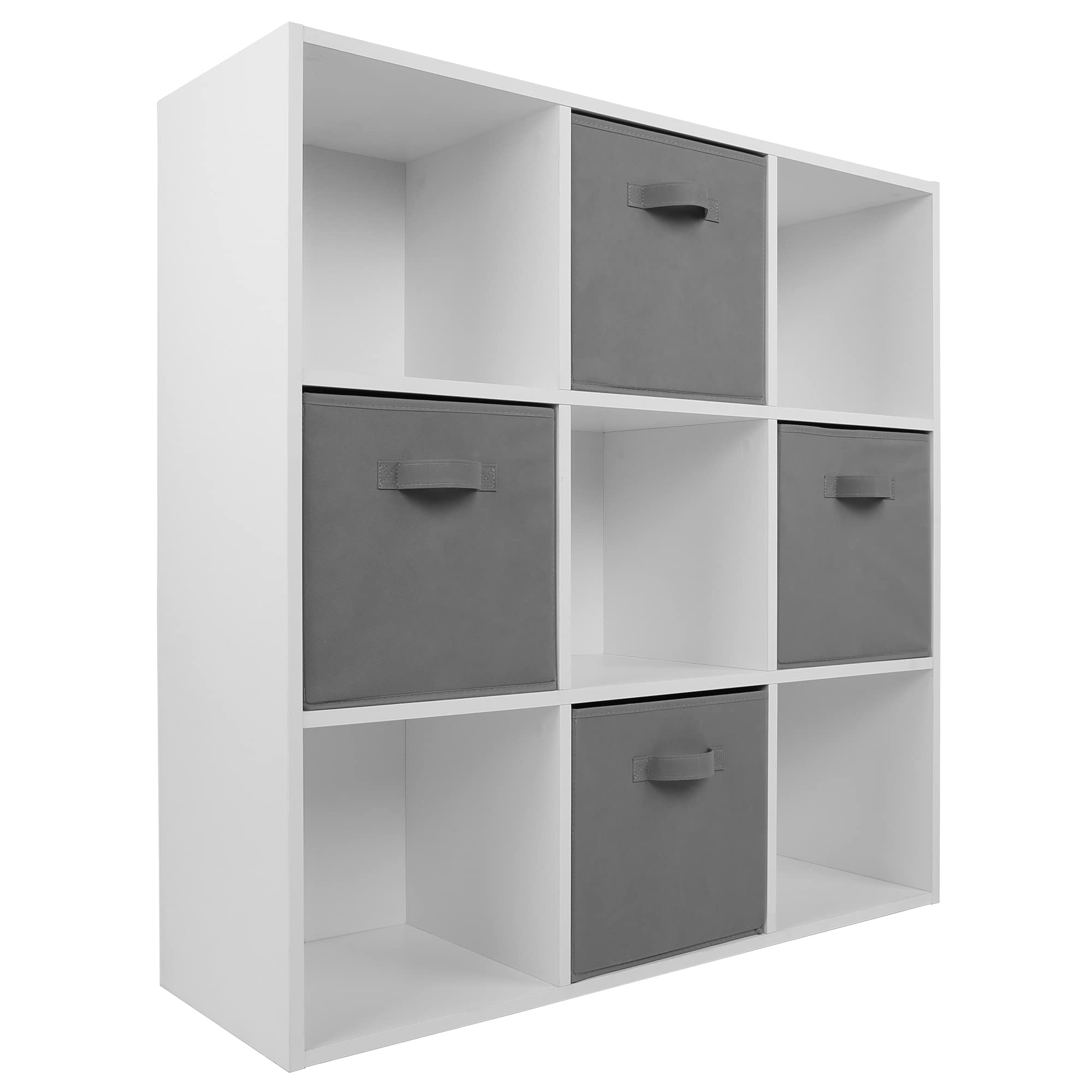 Charles Jacobs White 9 Cube Storage Shelving Unit + 4 Grey Fabric Drawers