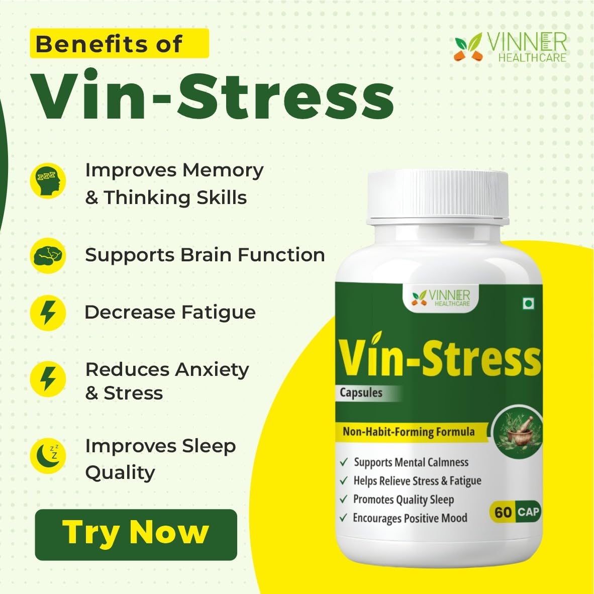 Ayurvedic Anxiety & Stress Relief, Mood Calm & Better Sleep Support | Vin-Stress Capsules | Ashwagandha Brahmi Shankhapushpi Jatamansi Tagar | Non-Habit Forming | 60 Capsules — Amazon image 5