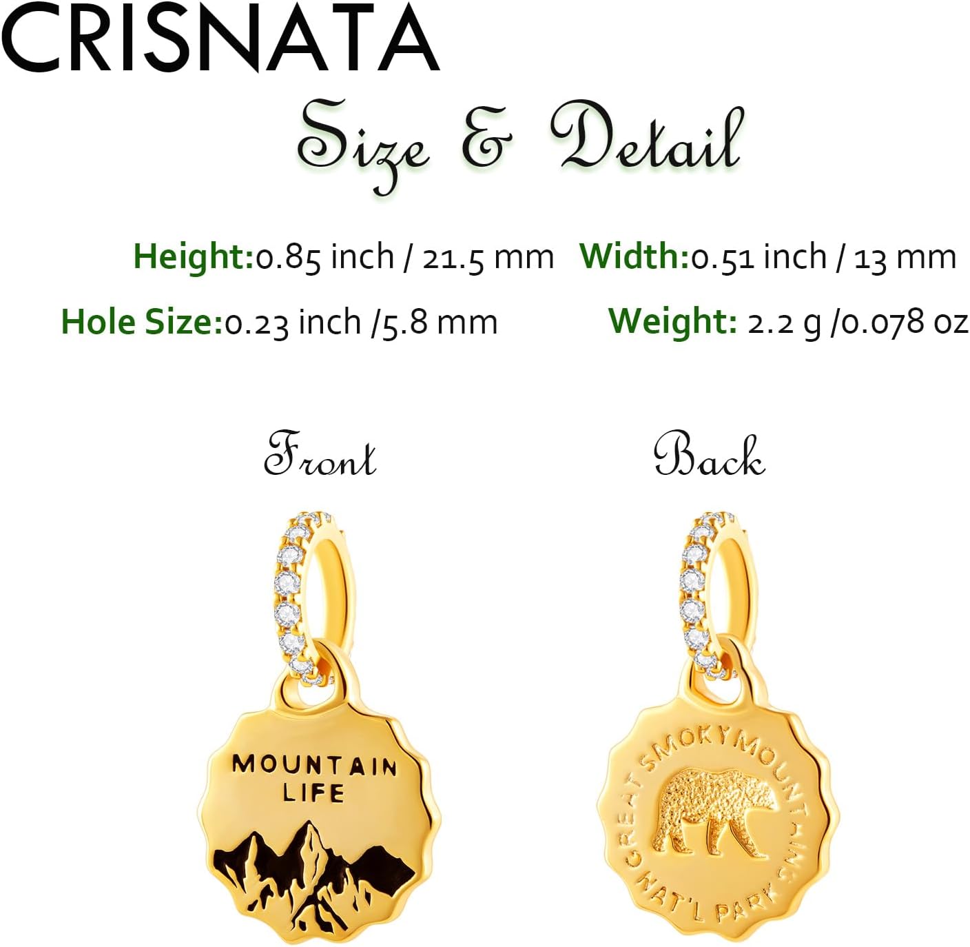 Mountain Life Bear National Park Dangle Charms, Fit Pandora Travel Bracelet | Yellow Gold Plated, Sparkle CZ, 925 Sterling Silver Great Smoky Mountains Pendant Bead, Gift for Best Friends, Mom, Sister