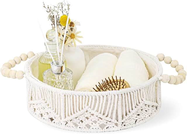 Handwoven Storage Basket Organizer with Wooden Beads Handles, Boho Decor...