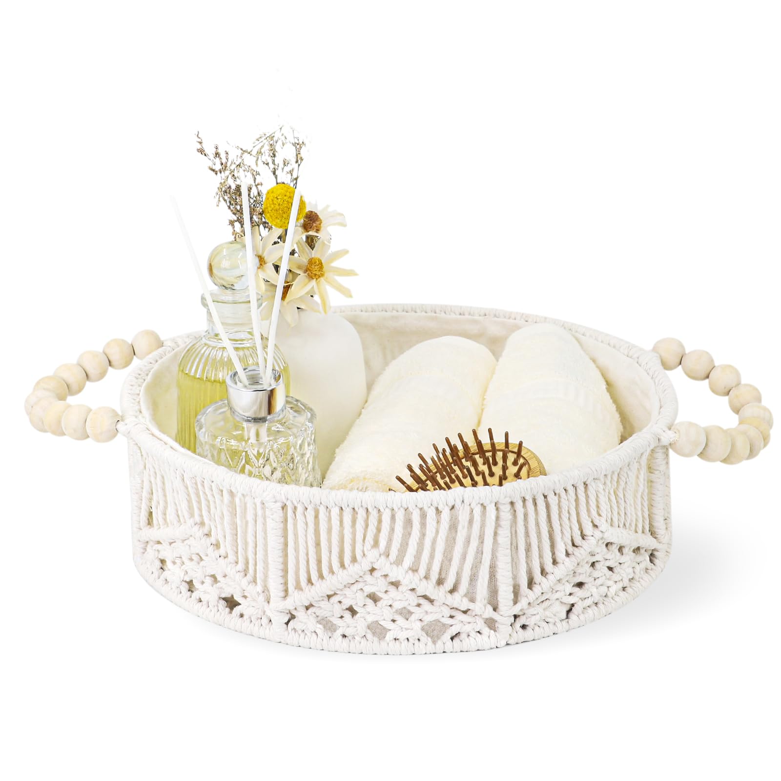 Handwoven Storage Basket Organizer with Wooden Beads Handles Boho Decor Round Macrame Shelf Basket for Bedroom Living Room