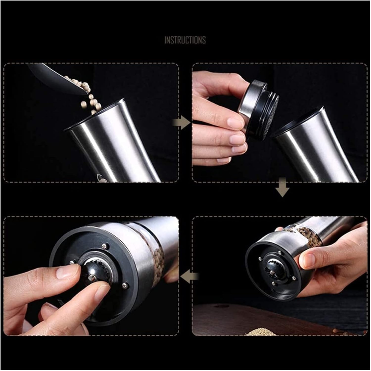 Pepper Grinder Salt and Pepper Mill Set 2 Pcs, Adjustable Grinders Salt Grinder Refillable Easy Clean Outdoor Pepper Mill (Silver 21 * 6.5cm)